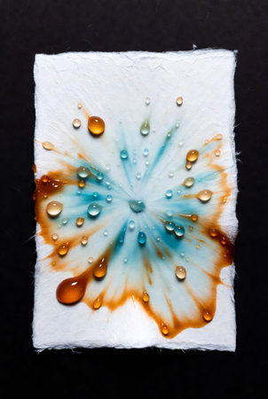 Water drops on a piece of white paper on a black background.の素材