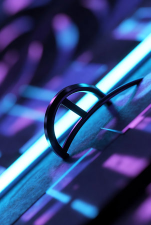 Close-up shot of a metal ring on a neon background.の素材