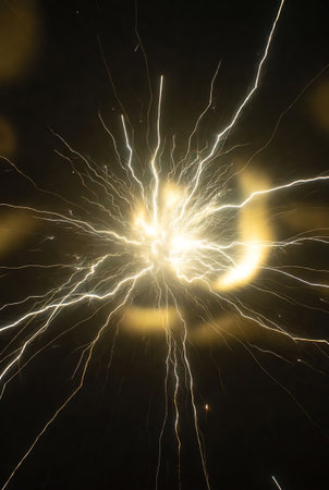 Lightning in the night sky, close-up of photo.の素材