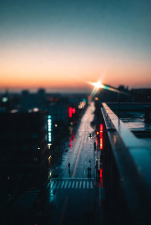 Blurred image of a city street at sunset, Moscow, Russiaの素材