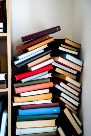 Pile of books in a bookcase. Education and reading concept.の素材