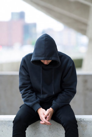 Hooded man sitting on a parapet in an urban contextの素材