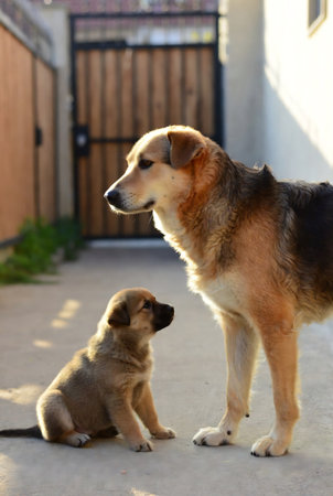 Dog and puppy in the yard of a country house on a sunny dayの素材