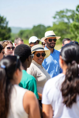 Group of friends having fun in the park on a sunny day.の素材