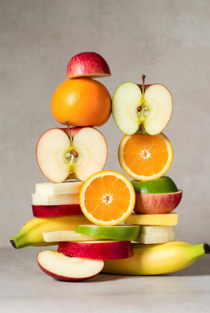 Fruit pyramid with apples, oranges, bananas and grapefruitsの素材