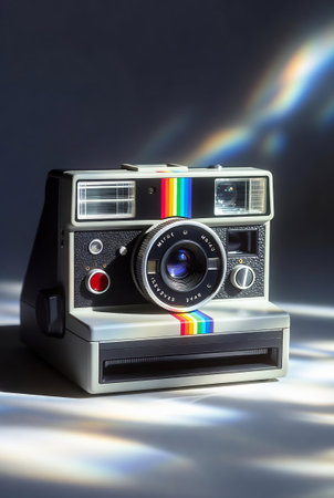 Retro camera on a dark background with a rainbow in the backgroundの素材