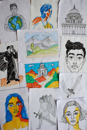 Stickers with drawings of the famous landmarks of the United States of Americaの素材