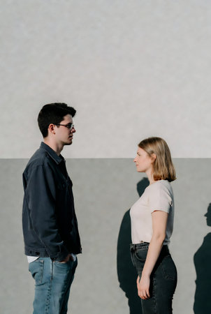 Young couple standing back to back and looking at each other on gray backgroundの素材