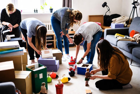 Group of young people moving into a new apartment and unpacking boxesの素材