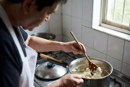 chef in a white apron preparing a meal in the kitchenの素材