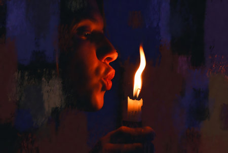Woman with candle in her hand on dark background. Selective focus.の素材