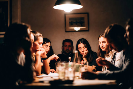 Group of young people having dinner in a restaurant. Focus on the table.の素材