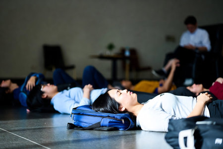 Group of students are sleeping on the floor in a university classroom.の素材
