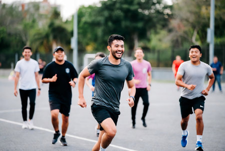 multiethnic group of men and women running together on sports groundの素材