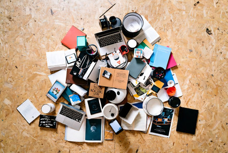 High angle view of photographer workspace with digital devices and stationery on wooden tableの素材