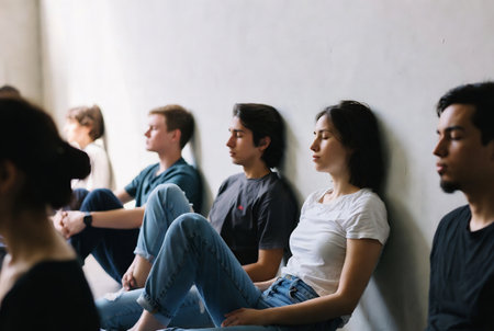 Group of young people sitting in a row and looking at each otherの素材