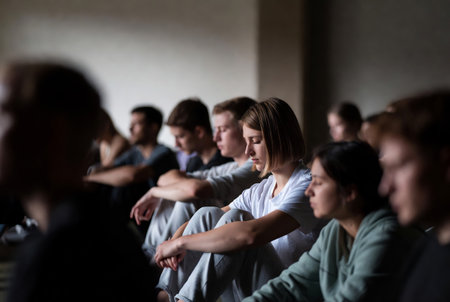 Group of people sitting in a row and listening to the lecturer.の素材