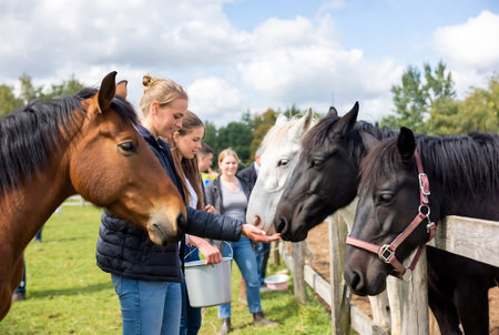 Group of happy people feeding horses in a horse farm on a sunny dayの素材