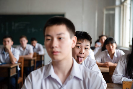 group of asian elementary school students sitting in class and making funny facesの素材