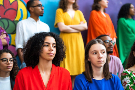 Group of diverse young people in a row standing in a row and looking at the cameraの素材