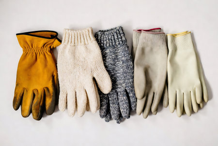 Various types of gloves on a white background. View from above.の素材