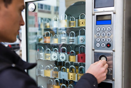 Close up view of a man using an ATM machine to open a padlockの素材