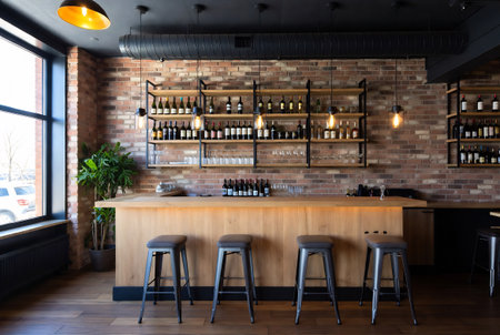 Interior of modern bar with brick walls, wooden floor and dark wooden bar counter.の素材