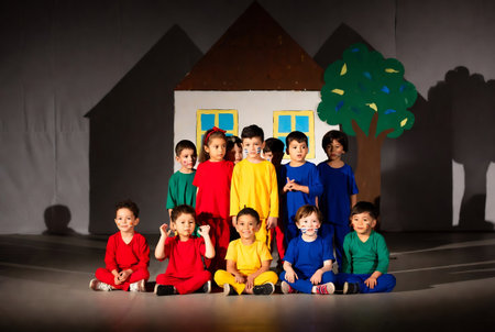Group of children playing with a toy house on a dark background.の素材