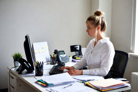 Portrait of a young businesswoman working at her desk in an officeの素材