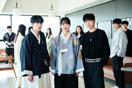 Group of asian people in traditional japanese kimonoの素材