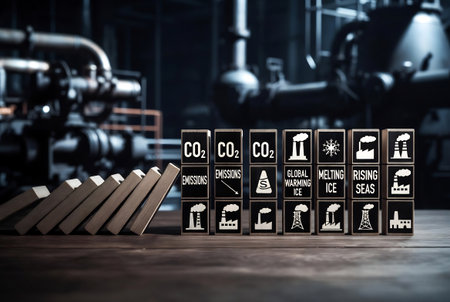 Wooden blocks with CO2, CO2, CO2, CO2, CO2, CO2 text on factory backgroundの素材