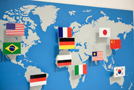 Flags of the world on a world map background. 3d renderingの素材