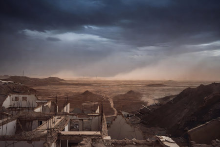 Landscape of the desert in the evening with clouds and wind turbinesの素材