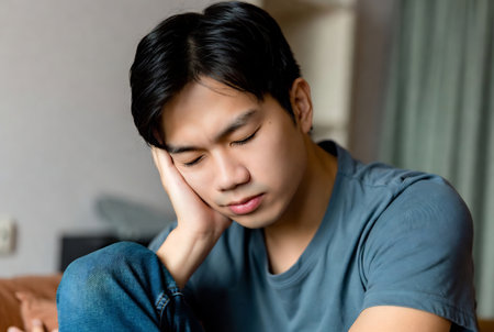 Young asian man suffering from toothache sitting on sofa in living roomの素材