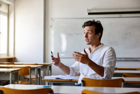 Young man sitting at desk in classroom and explaining something to his colleagueの素材