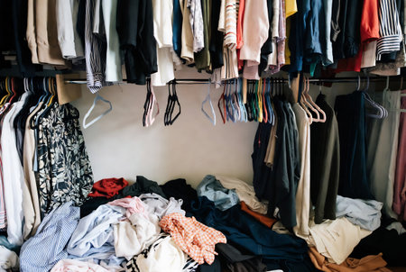 clothes hanging on the hanger in the dressing room at homeの素材