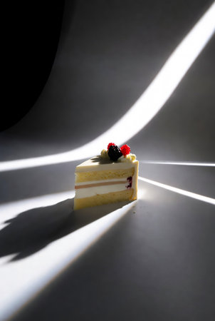 A piece of cake on a white background with a shadow from the sunの素材