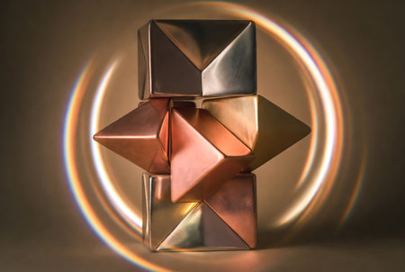 Abstract geometric shape made of gold, silver and bronze on a brown backgroundの素材