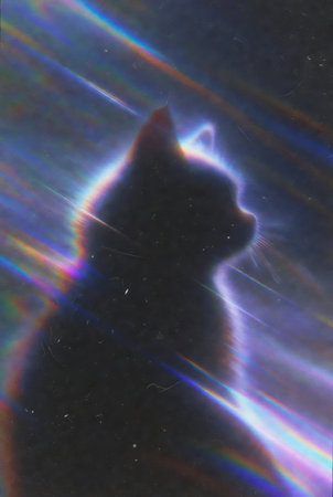Cat in the rays of light on a dark background. Abstract background.の素材