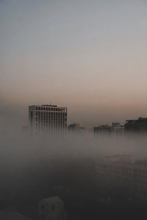 Aerial view of foggy morning in the city. Foggy weather.の素材