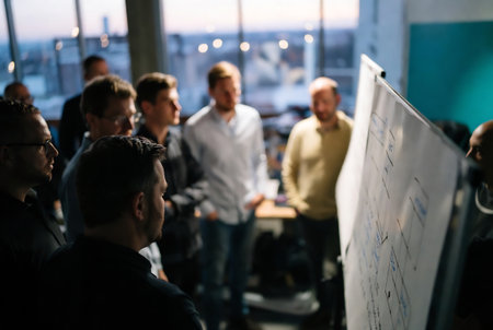 Group of business people discussing the charts and graphs showing the results of their successful teamworkの素材