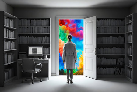 Businessman standing in front of opened door to bright bookcase with colorful cloudsの素材