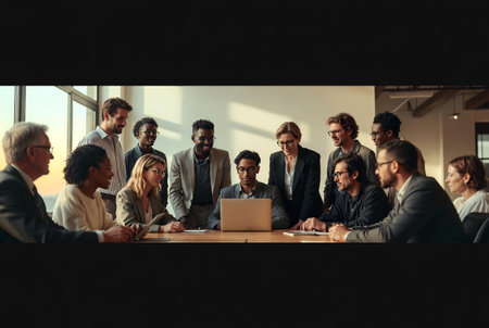 Group of business people working together in a modern office. Businessmen and businesswomen working together in a modern office.の素材