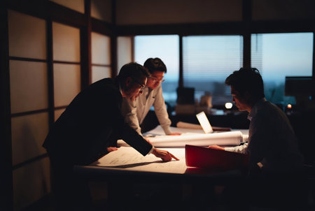Image of business partners discussing documents and ideas at meeting in office.の素材