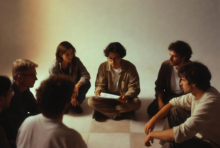 Group of young people sitting on the floor and looking at a tabletの素材