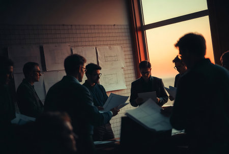 Group of business people discussing business plan in the office at sunsetの素材
