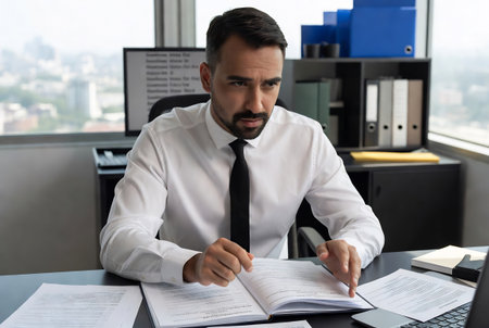 Serious Young Businessman Sitting At His Desk Working In Modern Officeの素材