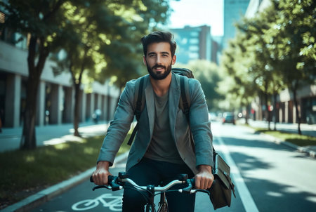 Handsome young man in casual wear is riding a bicycle in the city.の素材