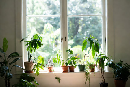 Plants in pots on windowsill at home. Gardening conceptの素材