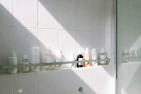 Beauty treatment and cosmetic product display on white tile wall in bathroomの素材